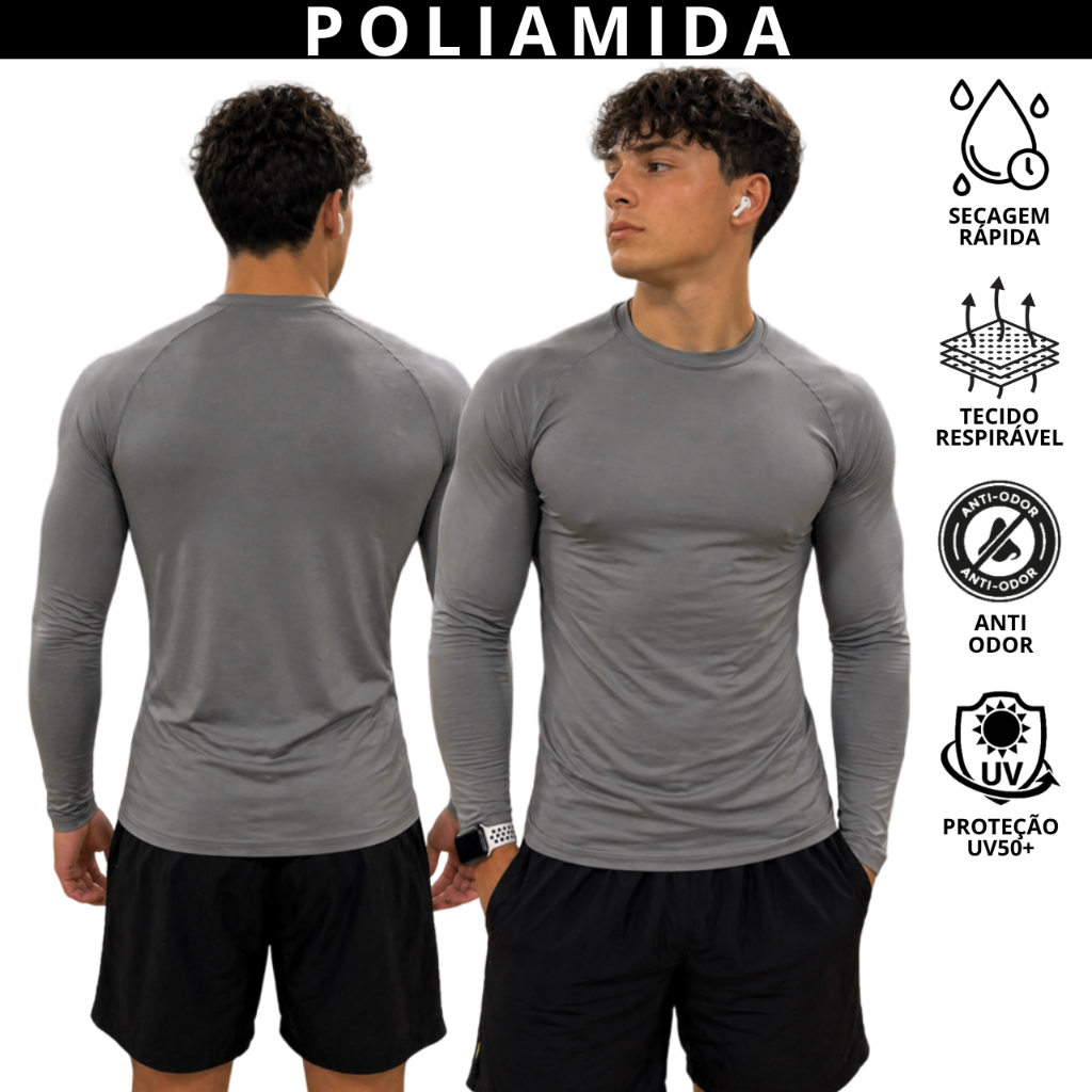 Camiseta Poliamida Tech Tecido Gelado Masculina Compressão Manga Longa Anti Odor Térmica Uv50 Raglan