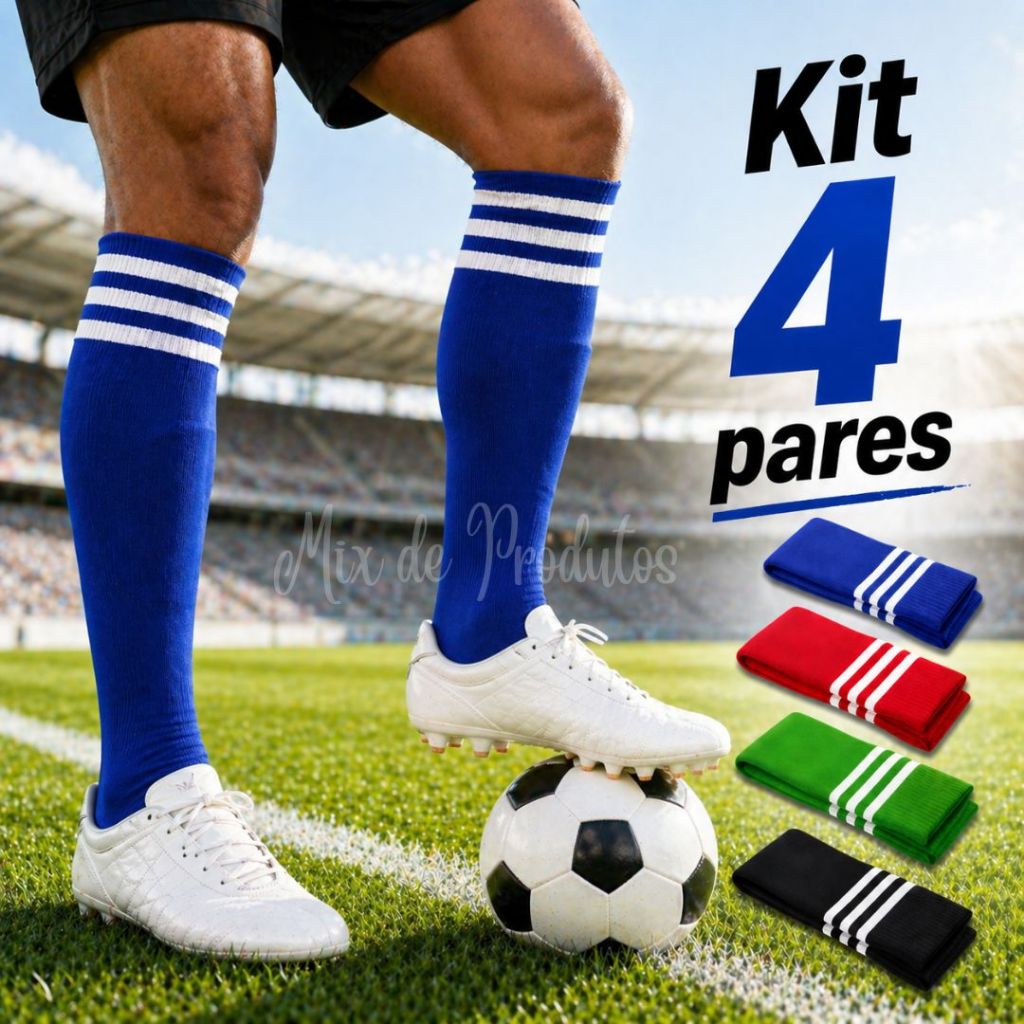 Kit 04 Pares de Meião de Futebol Cano Alto Jogador Adulto