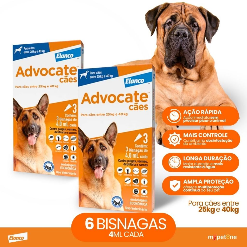 Kit 2 Antipulgas Advocate Elanco 4,0 mL para Cães de 25 Kg até 40 Kg - 3 Bisnagas