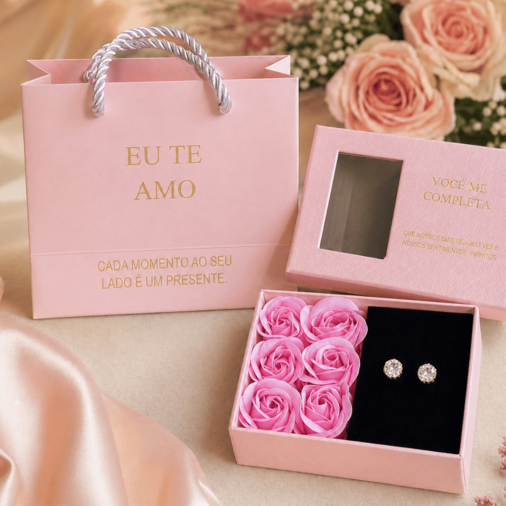 Caixa de Rosas com Brinco Coração Eu Te Amo em 100 Idiomas - Dia das Mães Namorados