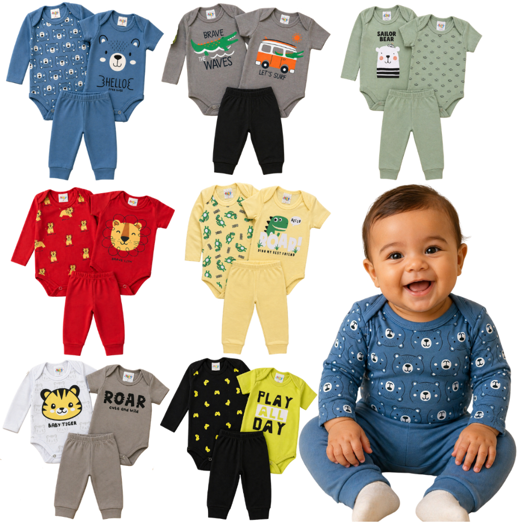 Kit 6 peças Trijunto Bebê menino verão inverno body manga curta body manga longa kit completo masculino