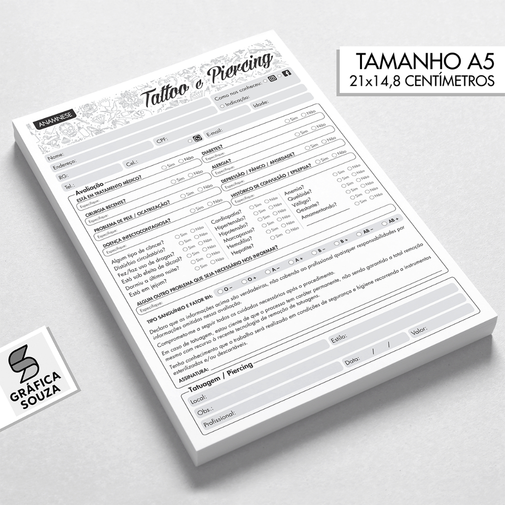 Bloco Ficha Anamnese Avaliação Tatuagem / Studio de Tattoo / Body Piercing (Modelo Novo)