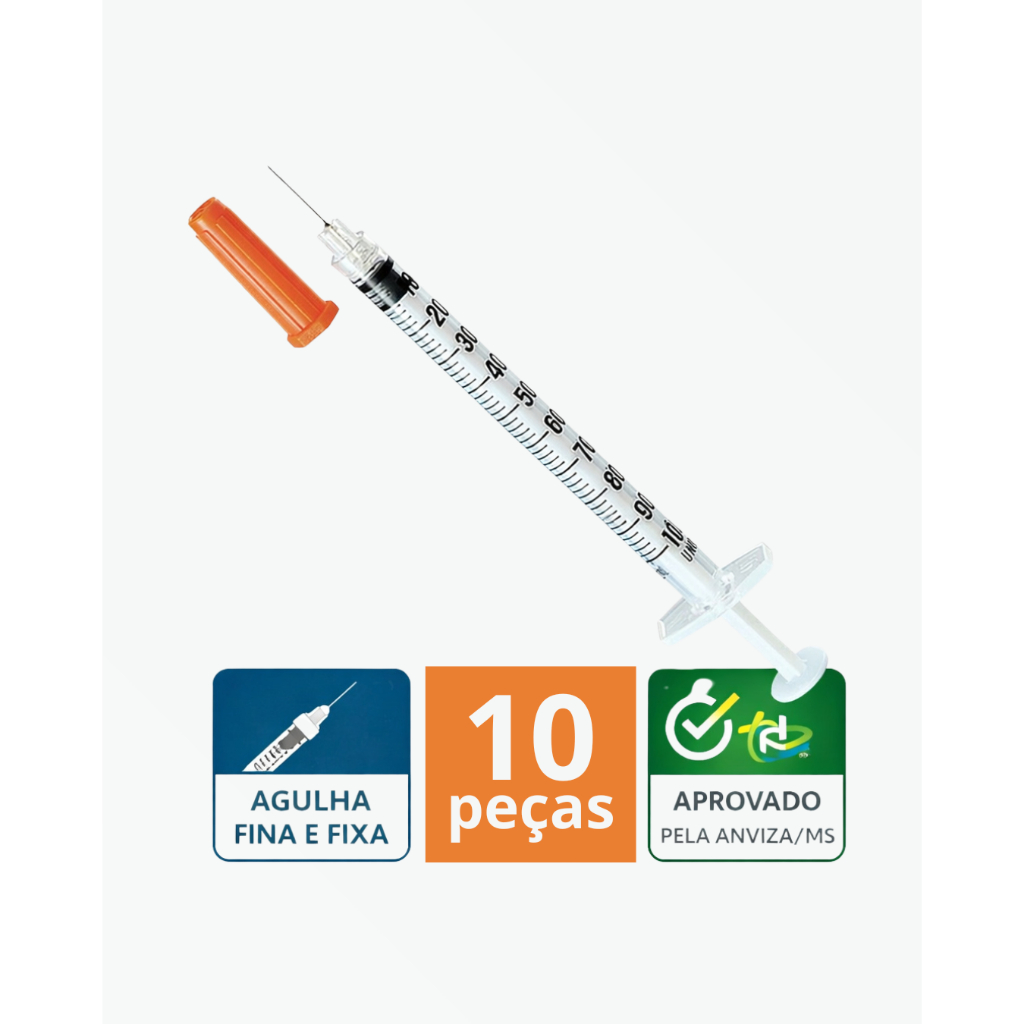 Seringa Insulina 100ui Agulha Fixa 8x0,30mm - Kit 10un