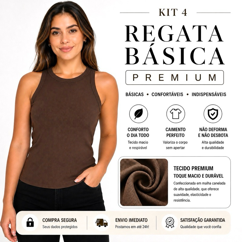 Kit 4 Blusas Feminina Regata Canelada Algodão Ribana Premium Confortável Casual lisas Basica Oferta