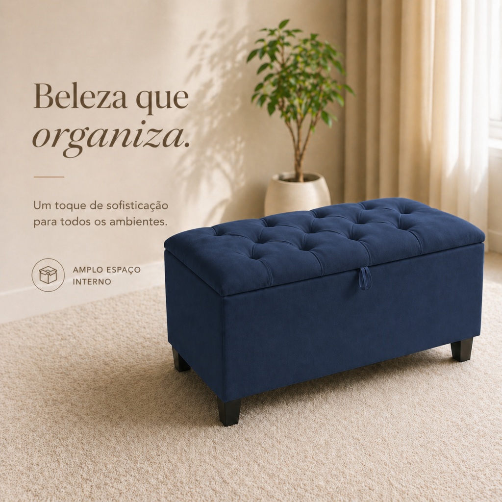 Recamier Baú Puff Banco Calçadeira Estofado  Decorativo Organizador Tamanho Solteiro Suede Azul Luxo Moderno Premium