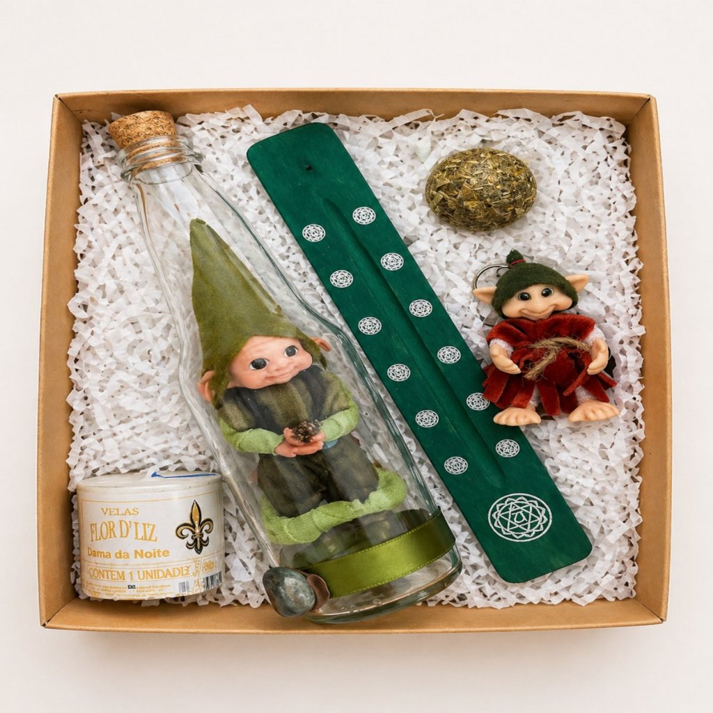 Kit Místico Duendes Artesanais Decorativos Incensário Vela e Amuleto Completo Duende na Garrafa Garraduendes São Thomé