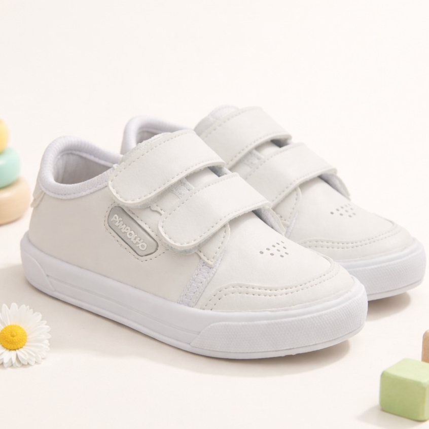 Tenis infantil menino Batizado Pimpolho Sapatinho Casual S Cadarço branco calce fácil, sola borracha