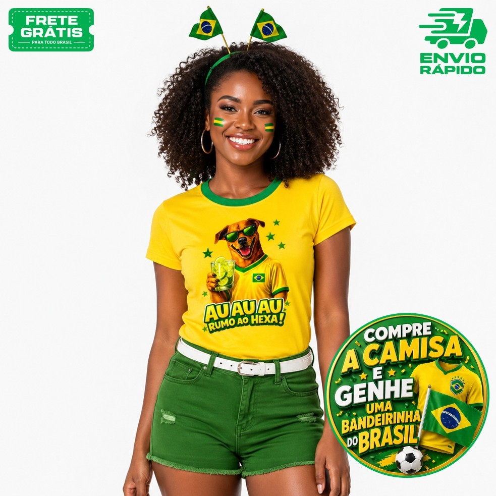 Camiseta Camisa T-shit Baby Look Feminina CACHORRO CARAMELHO RUMO AO HEXA Futebol do Brasil  2026