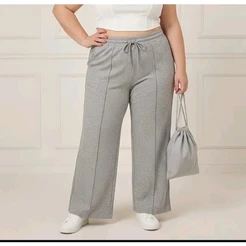 Calça Plus Size Pantalona Lãzinha Cintura Alta Modelagem Solta com Bolsos
