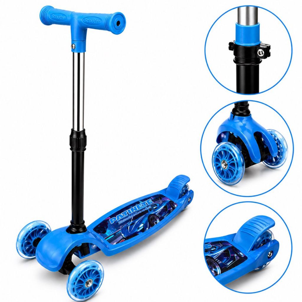 Patinete Infantil Azul 3 Rodas Com Luzes Criança Ajustável