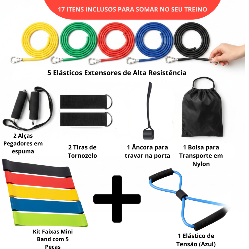 Kit 17 Itens Elásticos Extensores + Minibands Treino em Casa Emagrecimento Musculação Funcional Pilates Ioga Fitness