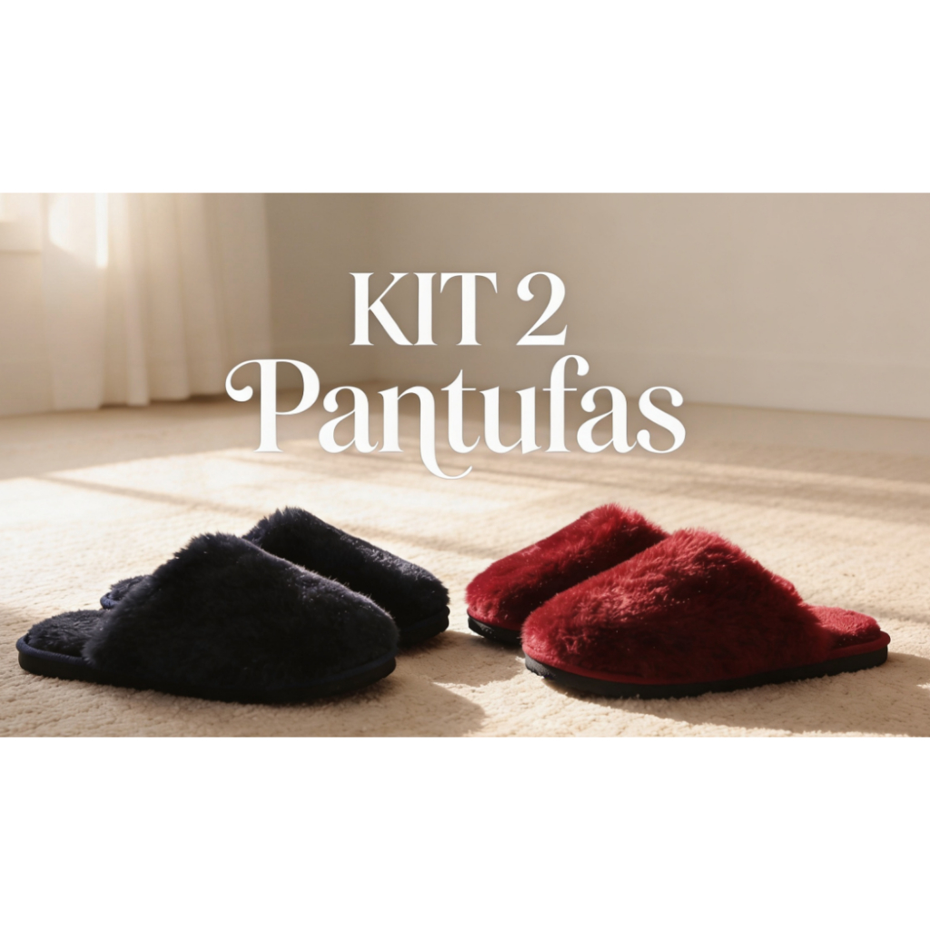 KIT 2 PANTUFAS DE PELÚCIA CONFORTÁVEL, CHINELO DE QUARTO,SOLADO ANTIDERRAPANTE, UNISSEX, VÁRIAS CORES, DO 34 AO 44