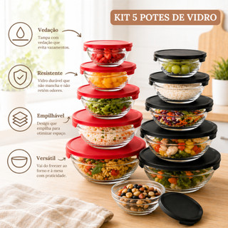 Kit 5 Potes de Vidro Hermético com Tampa Redondo Empilhável para Cozinha Marmitas Aliment…