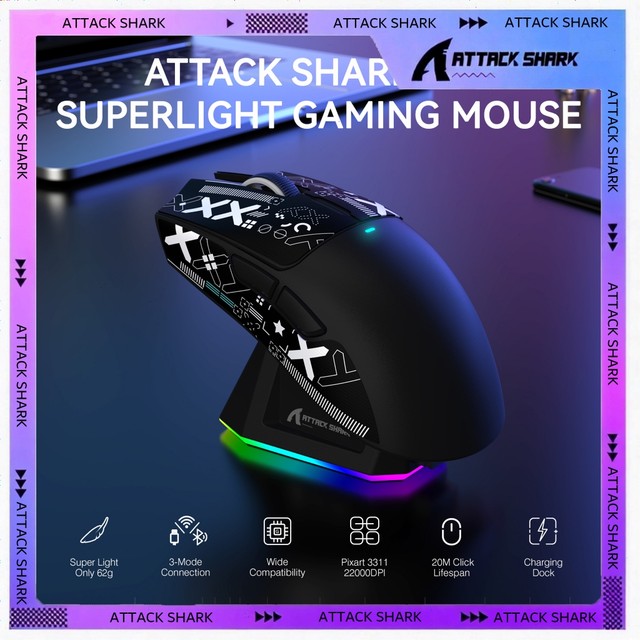 ATTACK SHARK X11 Lightweight Wireless Gaming Mouse,Tri-Mode,22K DPI,PAW3311-Black/White/Red & Tape
