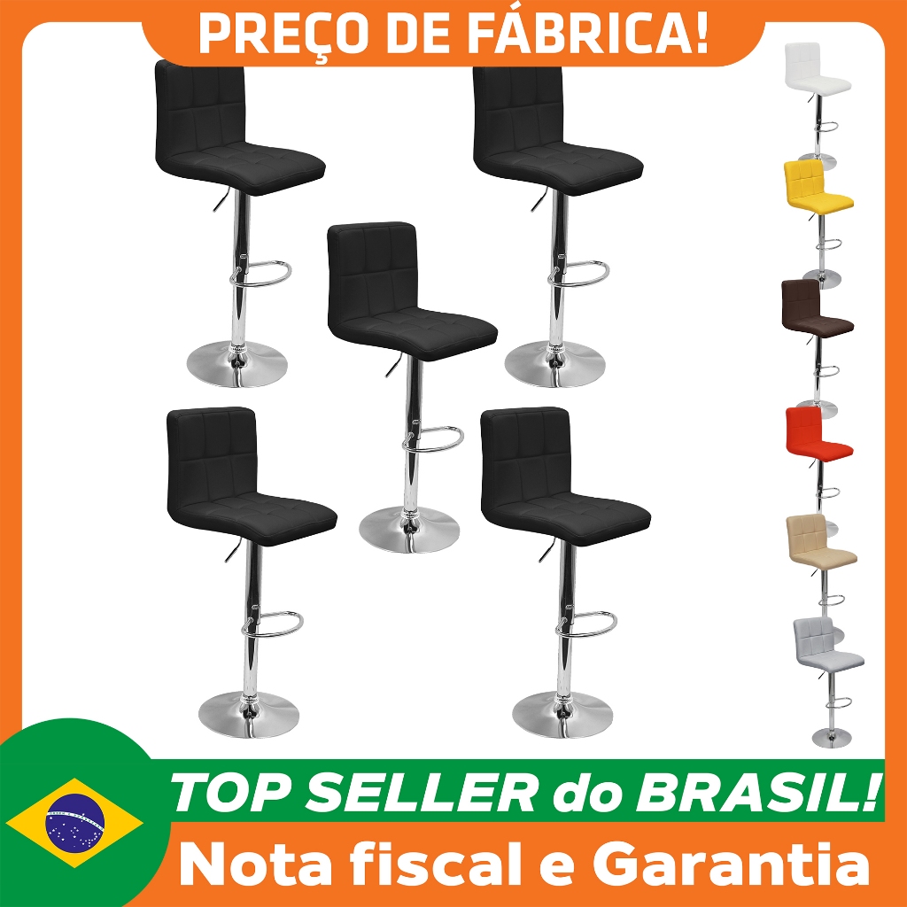 Kit 5 Banquetas Confort Gomos Estofada Couro Giratória c/ Regulagem