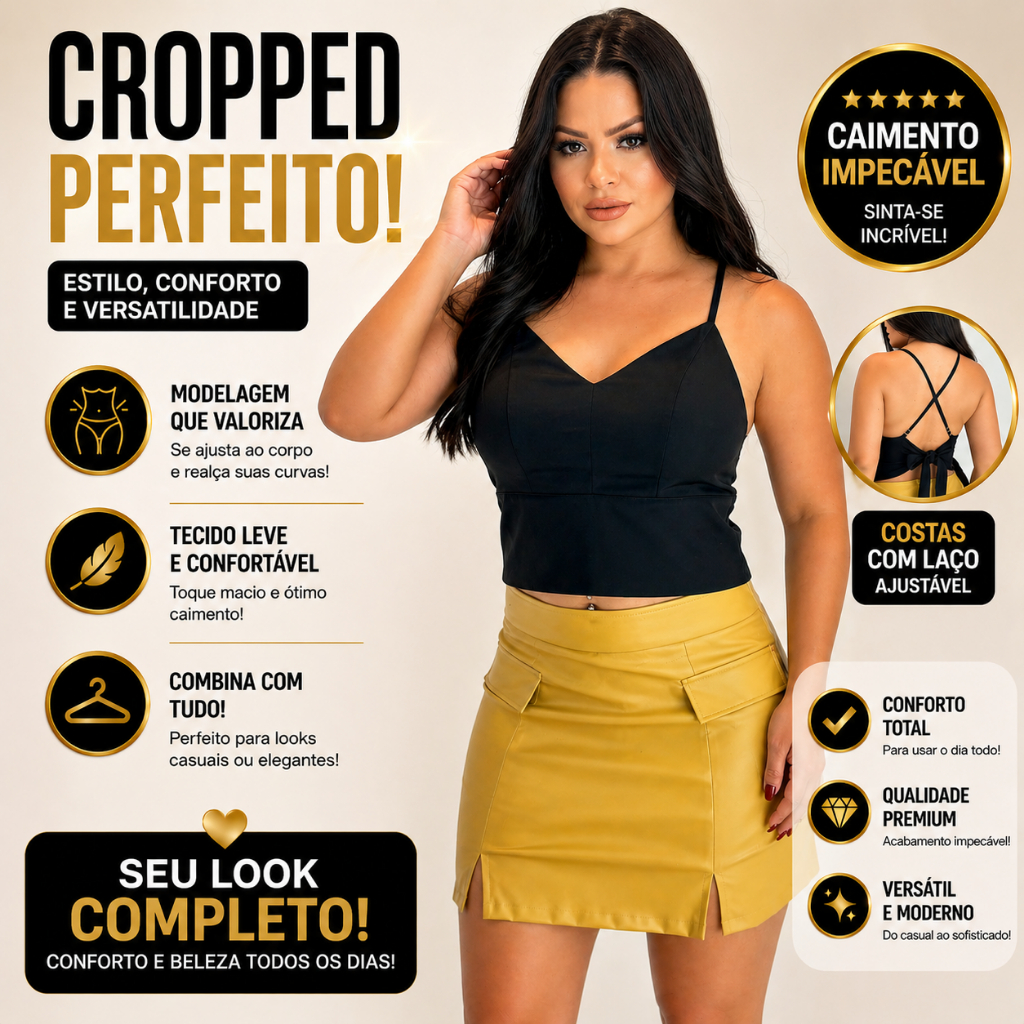 Cropped Feminino Alcinha Regulável Amarração Costas Crepe Não Marca Não Esquenta Cores Vivas Verão