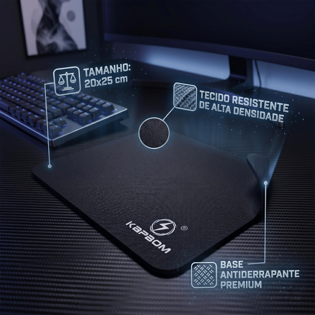 Mouse Pad 20x25CM Preto - Antiderrapante, Fácil Deslize, Tecido Premium - Kapbom KAP-1001