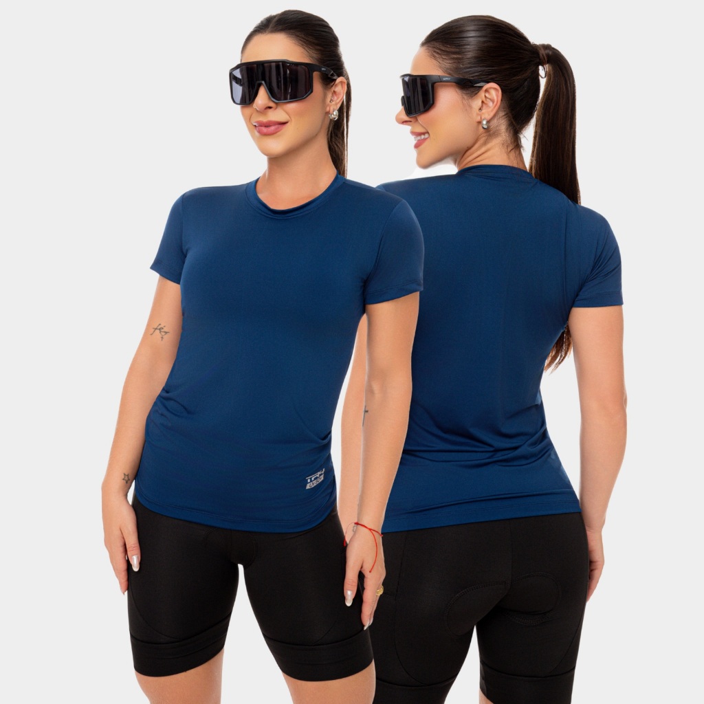 Camisa Camiseta Blusa Dry Fit Feminina Corrida Treino Esporte Academia Exercício Proteção UV Manga Curta Azul Marinho