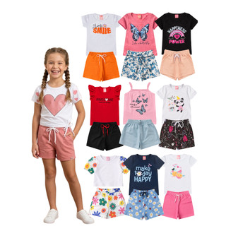 Kit 4 Peças Conjunto Infantil Menina Verão Roupa Feminina Algodão P ao 12 Anos 2 Blusas + 2 Shorts Sortido