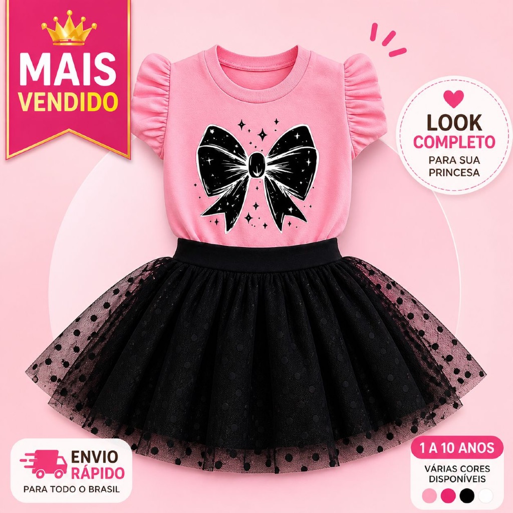 Conjunto Infantil Menina Blusa Laço Rosa + Short Saia Tule  – Look Fashion Primavera Verão