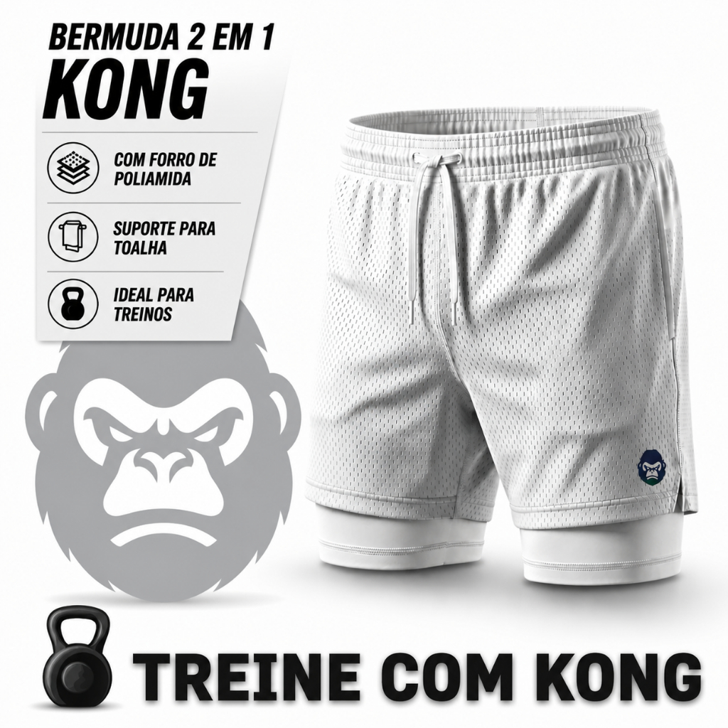 Kit 3 Shorts 2 Em 1 Dry Fit KONG Com Compressão Bolso Celular Academia Corrida Treino Anti Odor