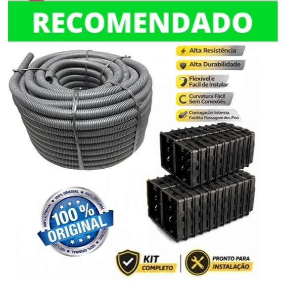 Kit Conduíte Corrugado Eletroduto CINZA 3/4 Reforçado 50m + 30 Caixinhas de Luz 4x2 Top