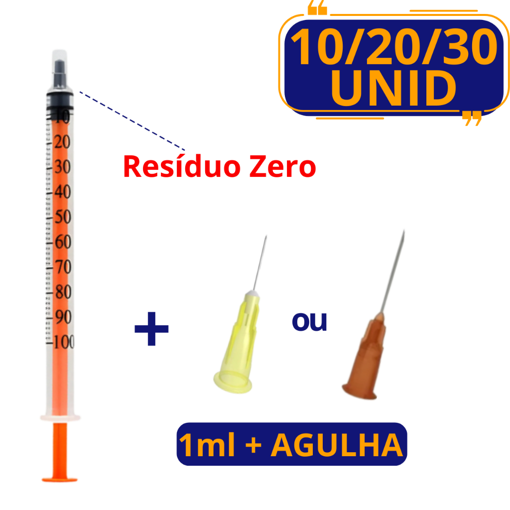 Seringa Insulina 1ml (100UI) + Agulha 13x0,45 ou 13x0,30 - Medix - 10/20/30 Unidades
