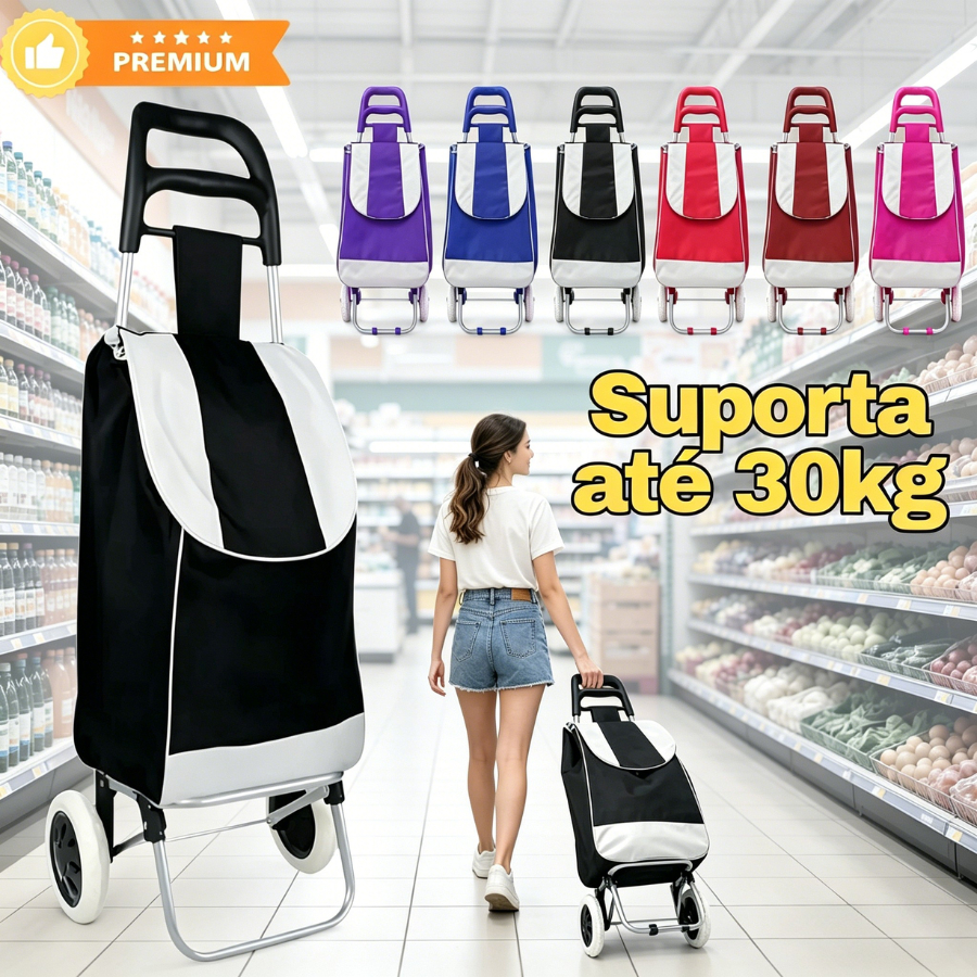 Carrinho para Compras Carrinho Feira Supermercado Multiuso Até 30Kg Com Rodinhas Dobrável Resistente