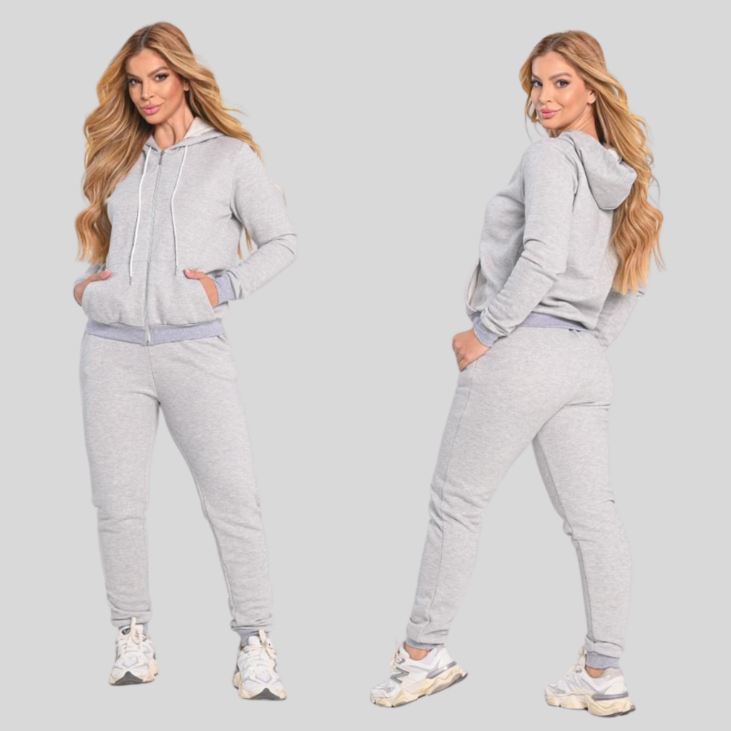 Conjunto Agasalho Feminino Moletom Flanelado Quentinho Com Zíper, Capuz e Bolsos Canguru