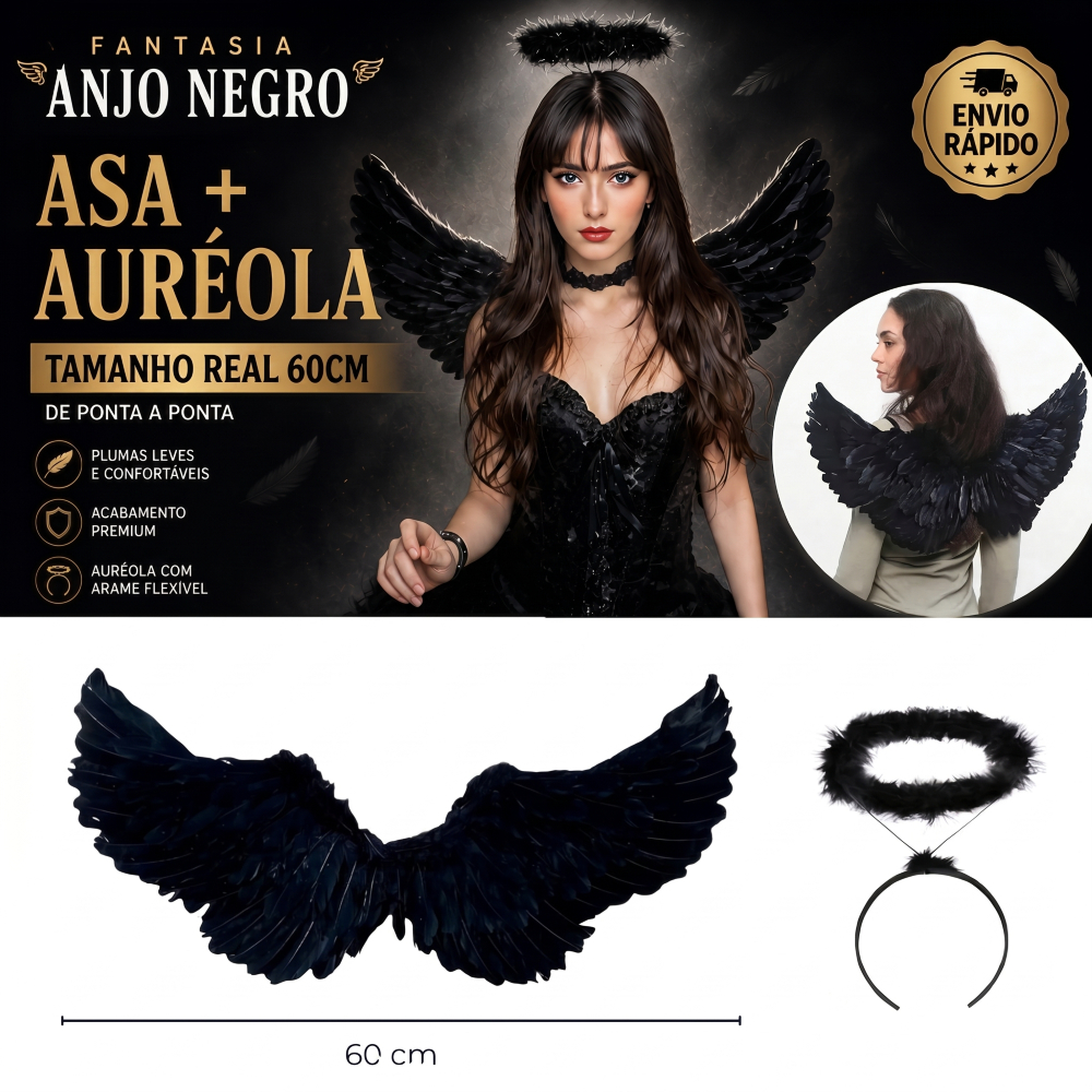 Fantasia Halloween Asa de Anjo + Tiara Auréola - Cisne Negro Cosplay Festa Teatro Decoração