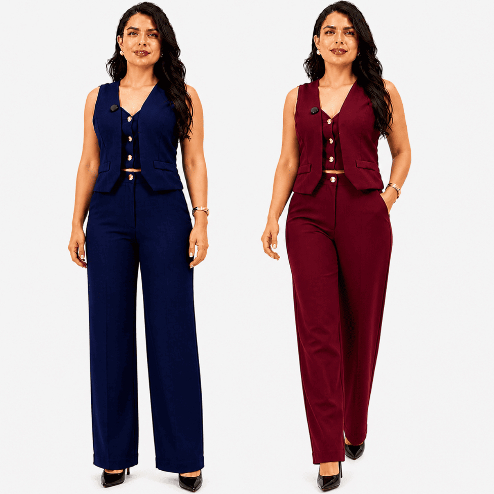 Conjunto Feminino Social Alfaiataria Colete com Botões e Calça Pantalona Moda Elegante
