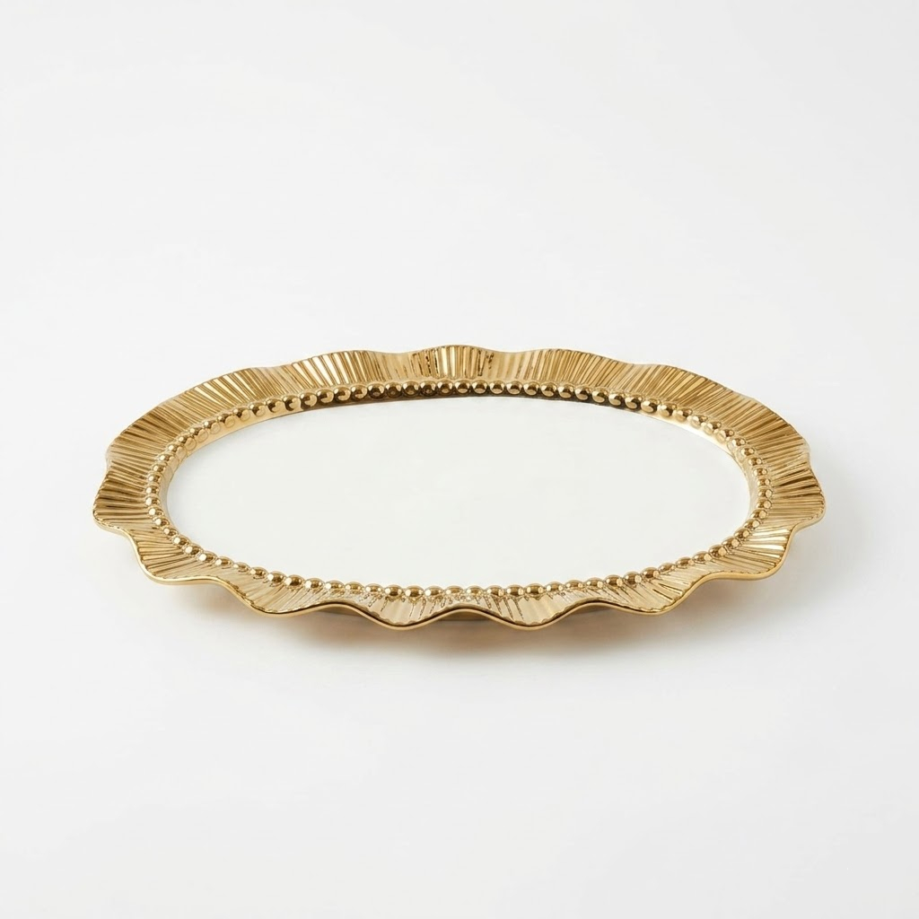 Bandeja Oval Cerâmica com Detalhe Dourado Elegante Luxo