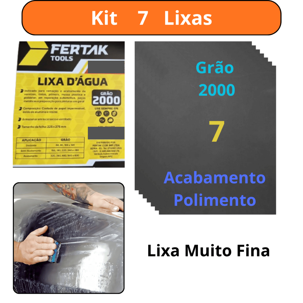 Kit 7 lixas 2000 d'agua Grão Folha Polimento Lixamento Acabamento Superfície Plástico Metal Jogo Gr