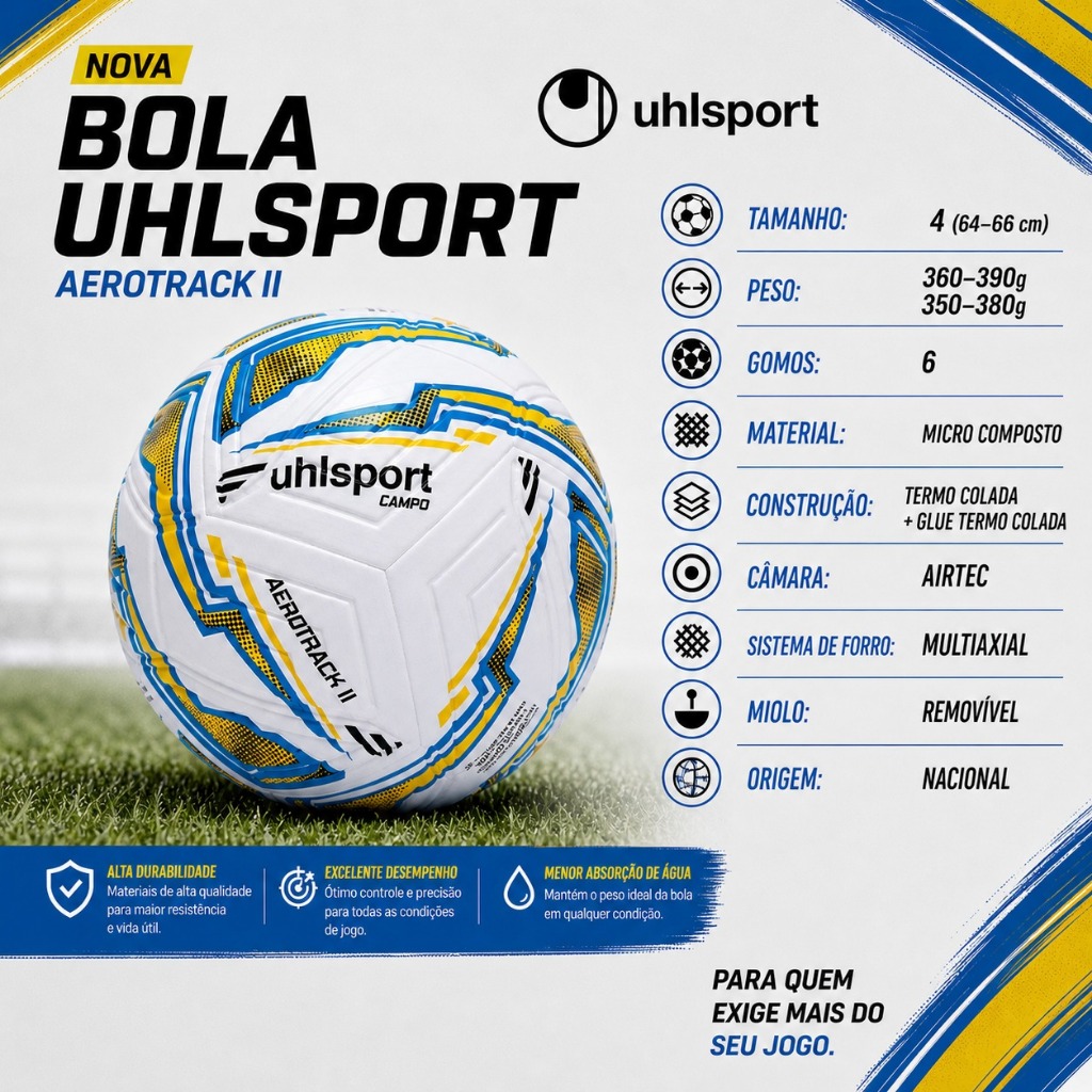 Bola de Futebol Uhlsport Aerotrack II Campo Numero 4 Termo Colada + Glue, Câmara Airtec Amarelo+Azul