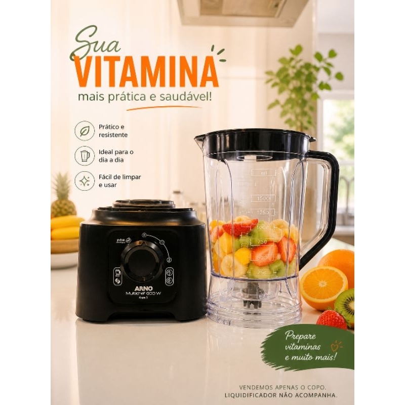 COPO PARA LIQUIDIFICADOR COMPATIVEL COM. ARNO POWER MAX  1000W/700W/1400W, MULTICHEF   CRISTAL (TAMPA PRETA.) - 9340