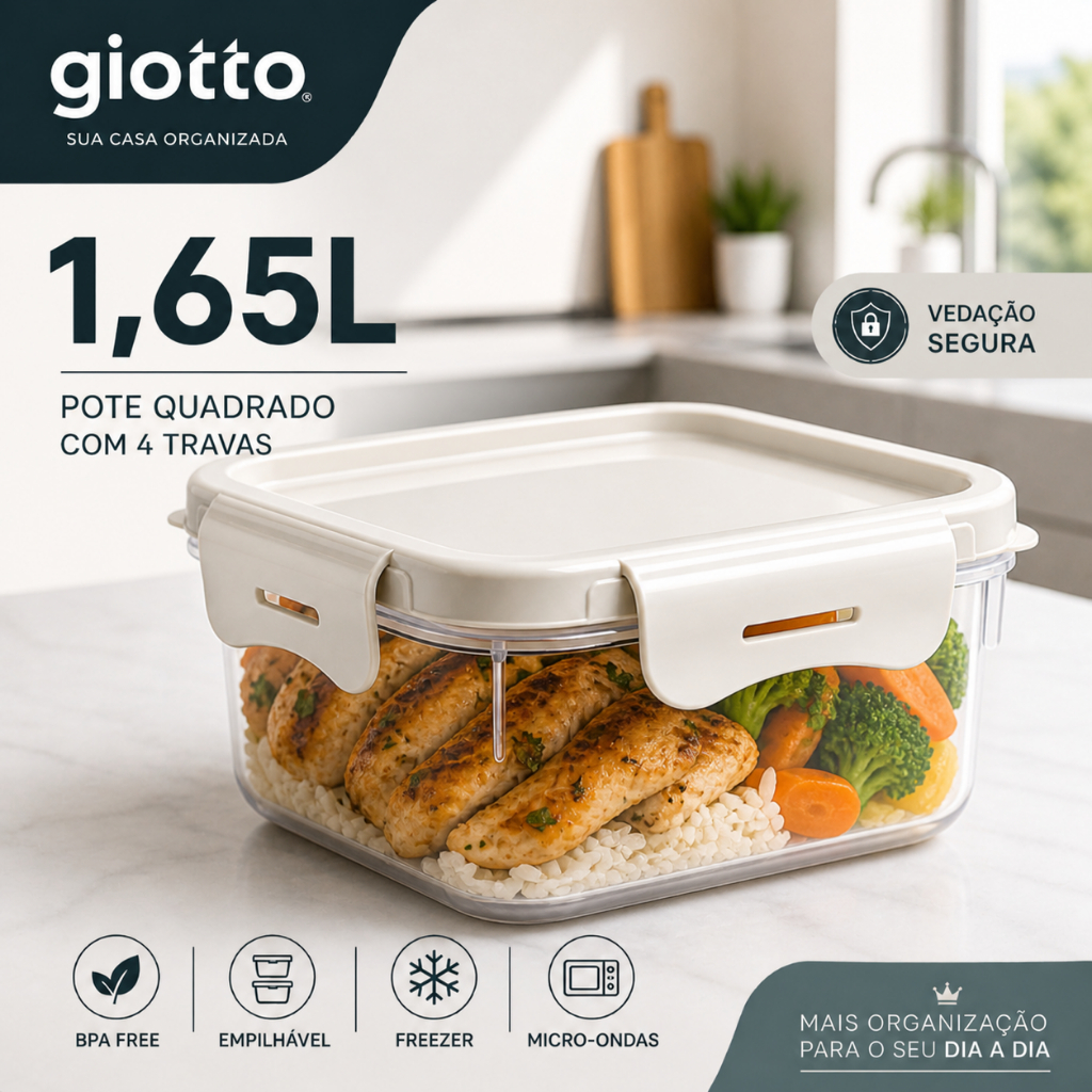 Pote Quadrado Com 4 Travas 1650ML Off White Armazenamento de alimentos Artigos cozinha casa Giotto