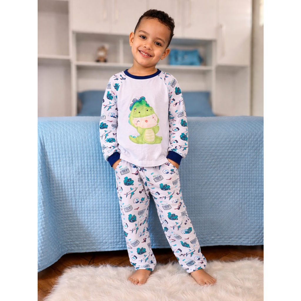 Peças Pijama Infantil Menino Calça e Blusa Manga Comprida Nome Personalizado Gratis Tamanho 1 ao 12