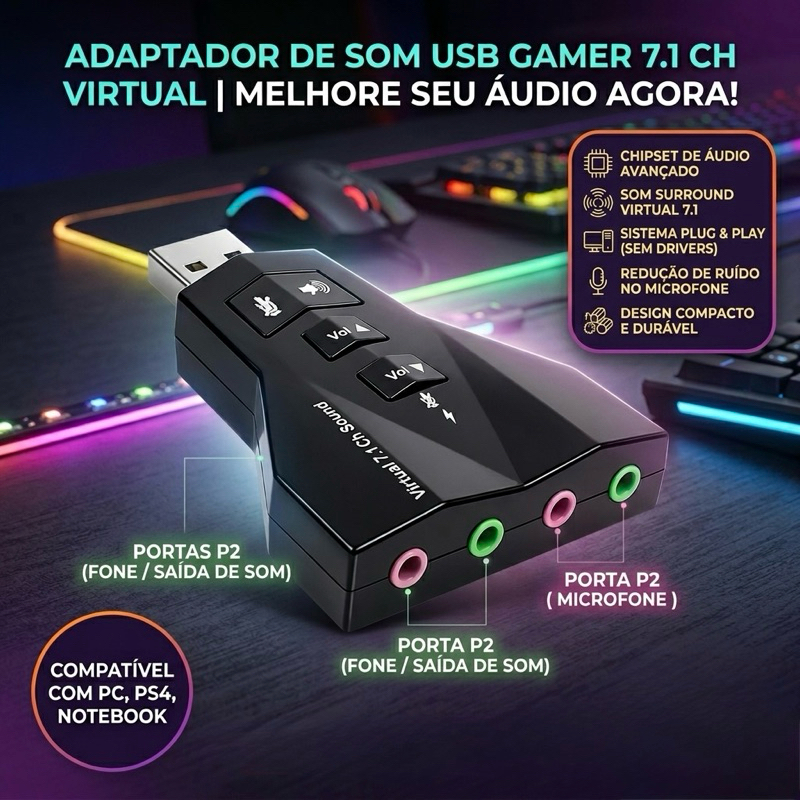 Placa De Som Audio Usb Externa 7.1 Entrada P2 3D Pc Notebook Ps4