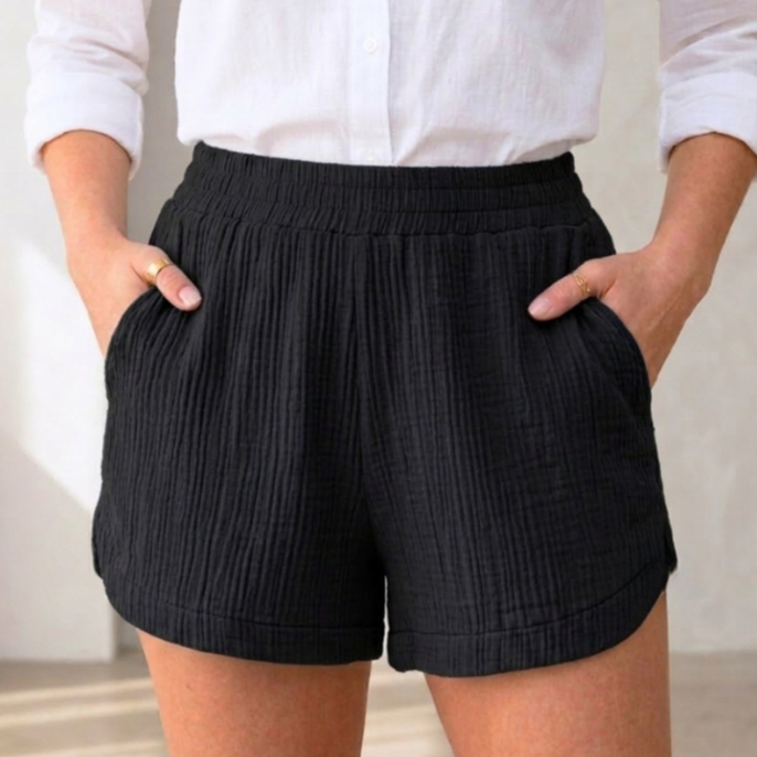 Shorts Feminino Soltinho Canelado Não Amassa Com Bolsos Plissado Casual Premium