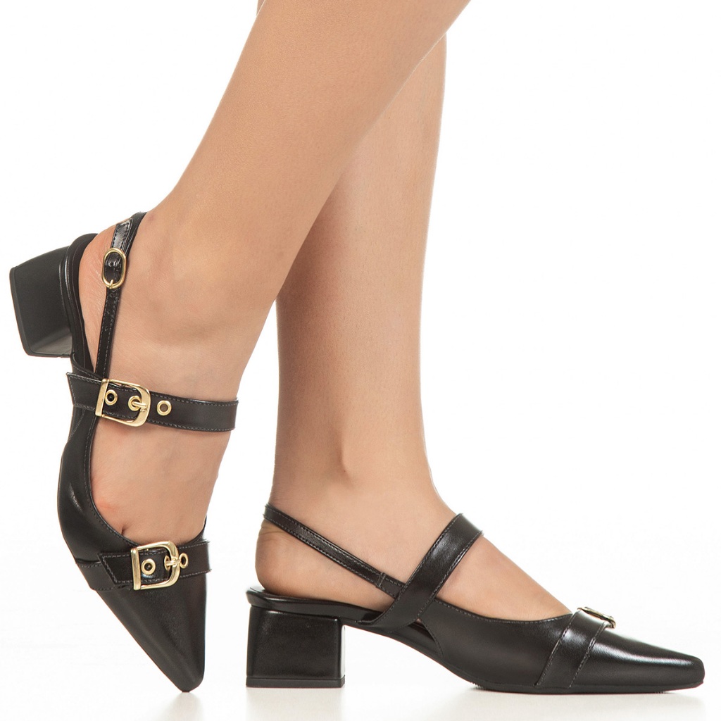 Scarpin Feminino Slingback Salto Bloco Bico Fino Tira Fivelas Enfeite Dourado Flávia GiGiL · foto 2