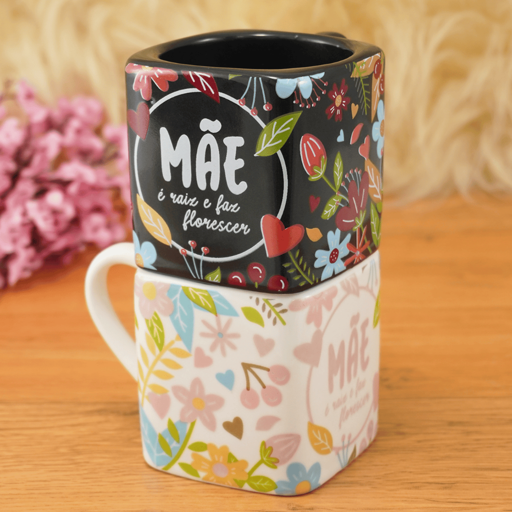 Caneca Quadrada Porcelana Chá Café  220ml Exclusiva Presente Mãe é Raiz Floral