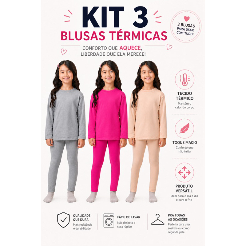 Kit 3 Blusas Térmicas Peluciado Infantil Menina- Super Macia