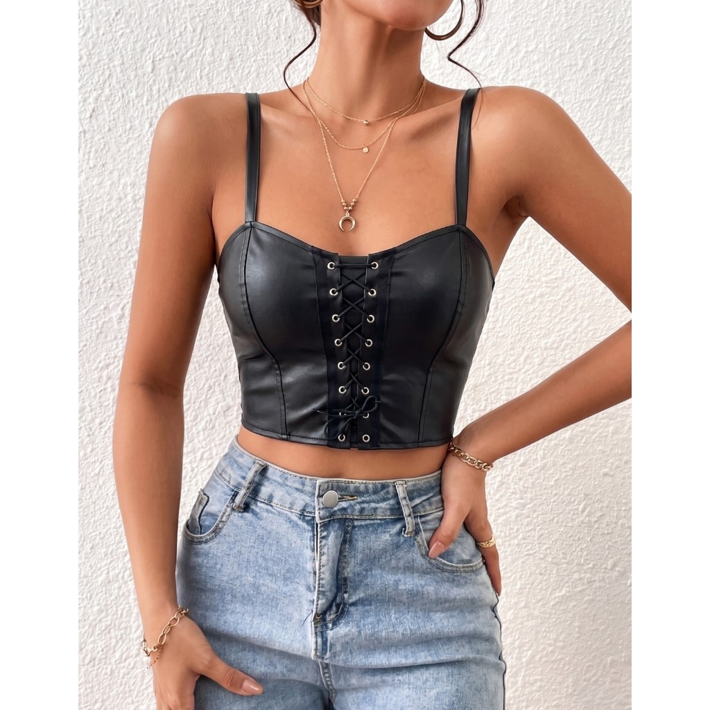 Cropped Regata Alça Fina Decote Ajustável Ilhós Couro Fake Top Blusinha Blogueira