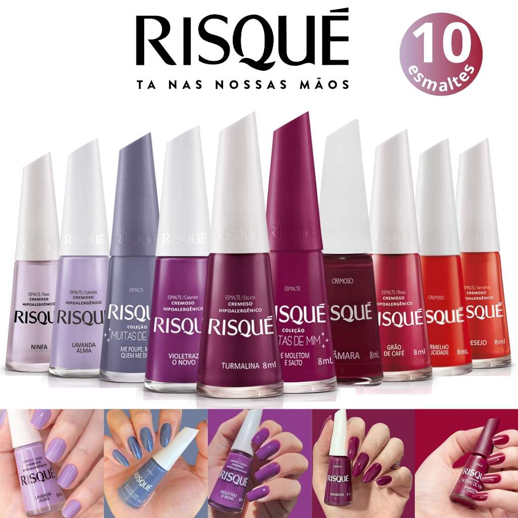Kit Esmaltes Risqué Tons Roxo e Vermelho Cremoso Esmaltes Atacado 8ml Manicure