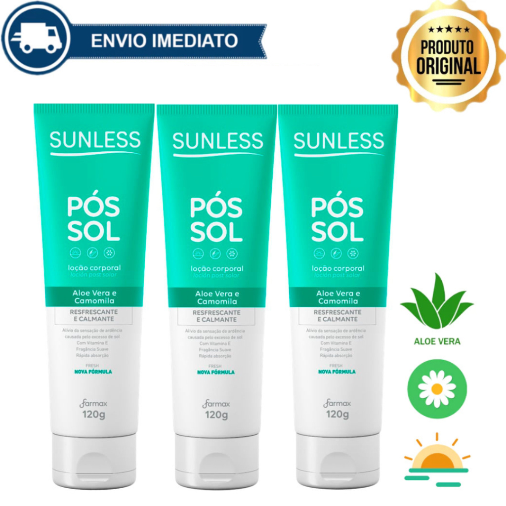 Kit Loção Pós Sol com Aloe Vera e Camomila 120g Sunless Alívio e Hidratação Envio Imediato