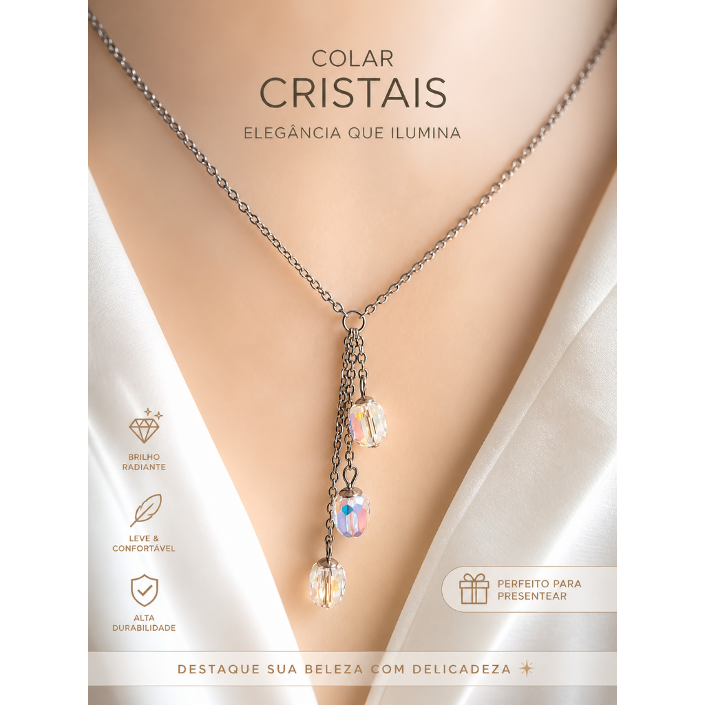 Colar Feminino gravatinha Aço inox com cristais 45cm.