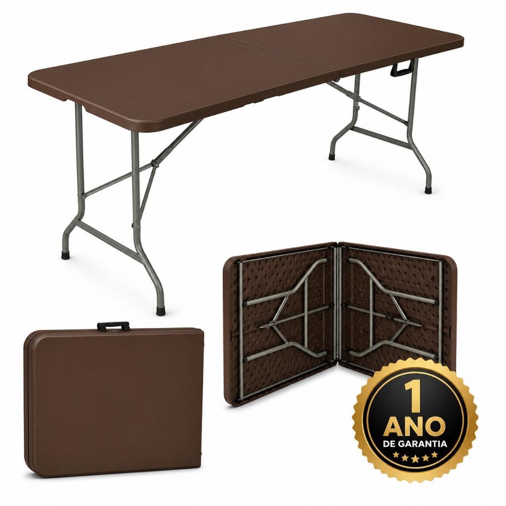Mesa Dobrável 1,80m Marrom Vira Maleta com Alça Portátil Camping Praia Resistente | LARUNO