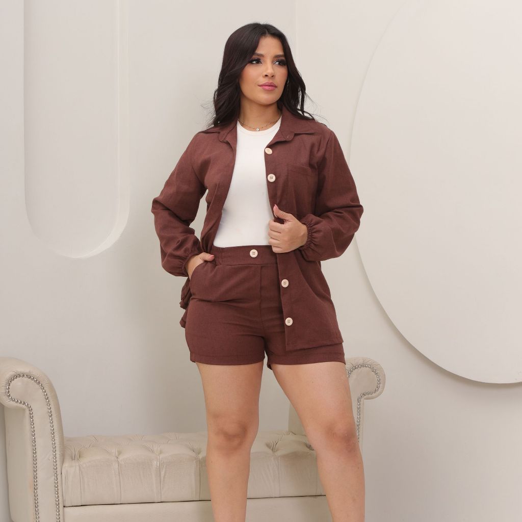 Conjunto de Linho Feminino Short e Blusa Camisa Manga Longa Look Elegante Verão