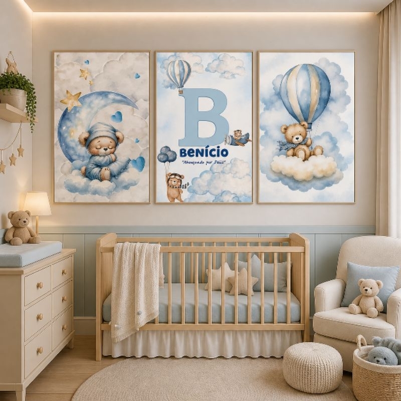 Trio de Quadros Decorativos Personalizado Infantil Urso Ursinho na Lua Baloeiro Aviador