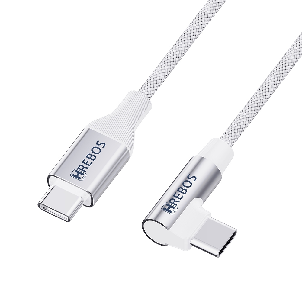 Cabo Carregador Usb C Tipo C 90º L 60W Gamer Trançado 1.8m Branco 3.1A Hrebos — imagem 2 de 2
